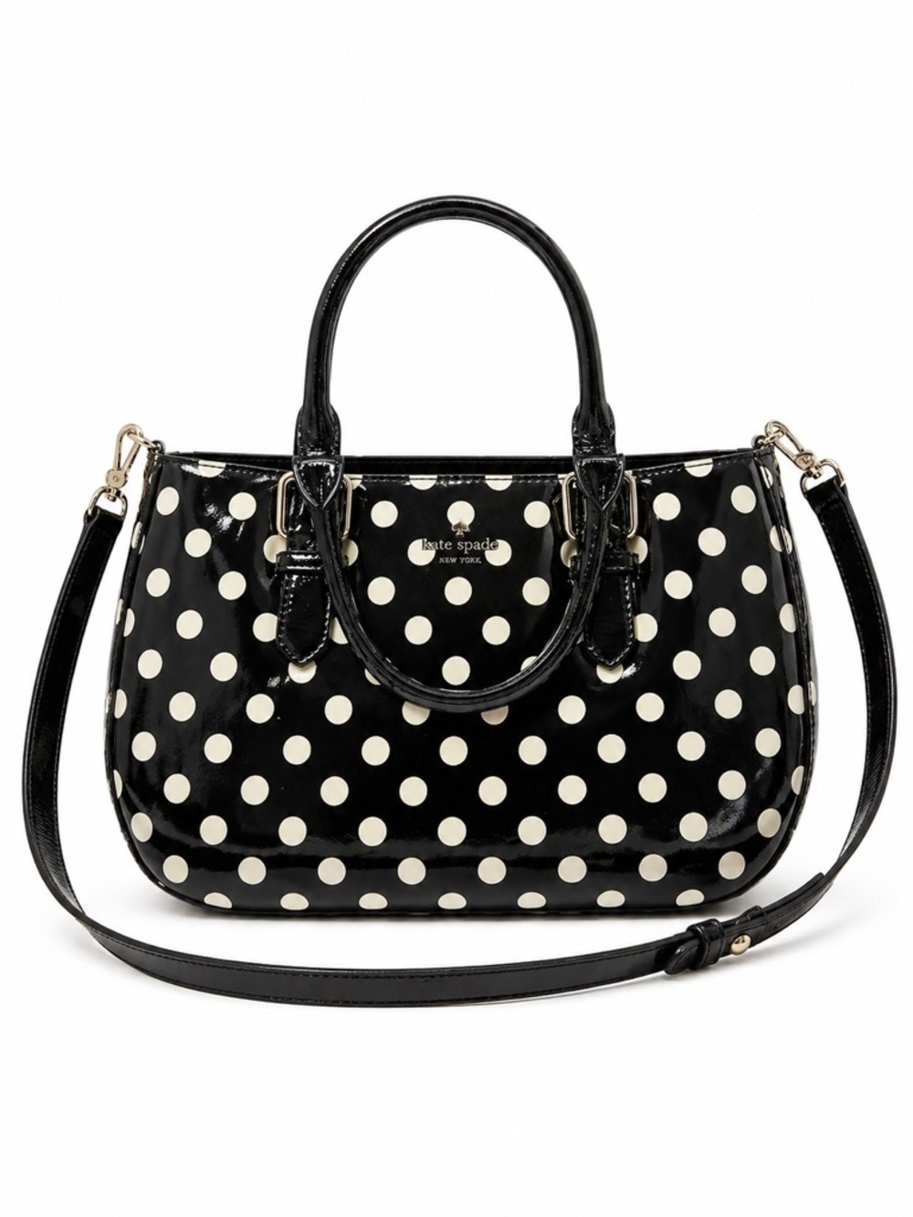 Kate Spade Carlisle Street Sylvie Satchel Black White Polka Dot Patent Leather